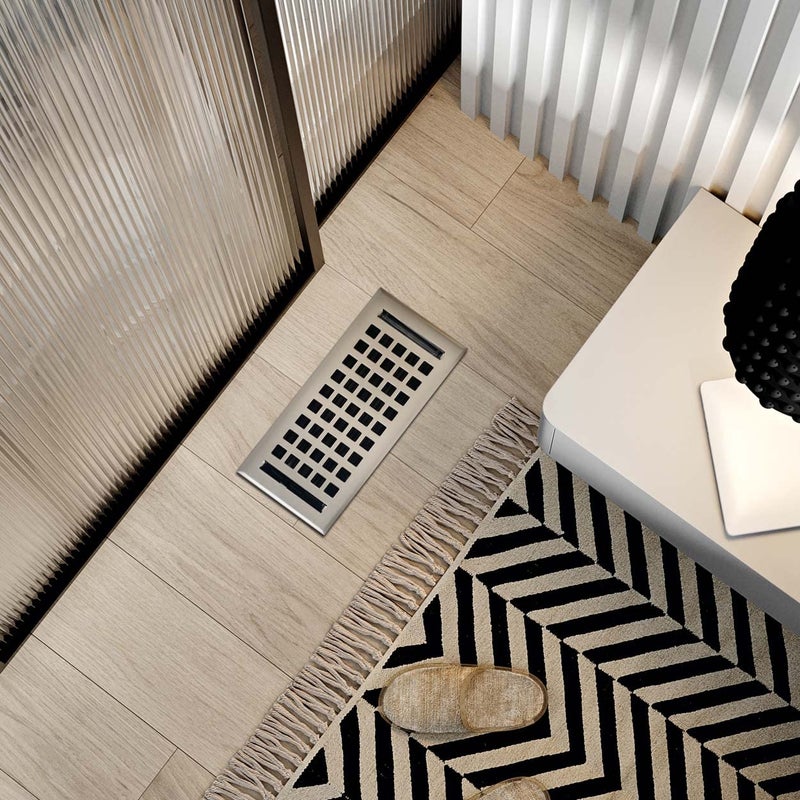 EMPIRE REGISTER CO شركة Empire Register Co، أغطية فتحات التهوية المزخرفة - 4 × 10 بوصة، تصميم مربع، لمسة نهائية من النيكل المصقول، سجل أرضيات عالي التحمل قابل للمشي، مخمد معدني مرفق - Image 5